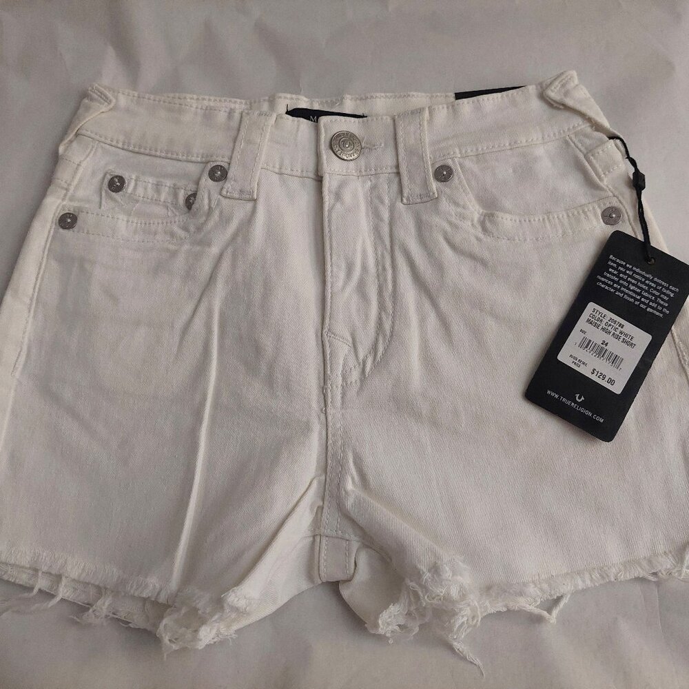 True Religion Brand Jeans White Denim Maisie High Rise Shorts NWT $129 - Picture 1 of 16